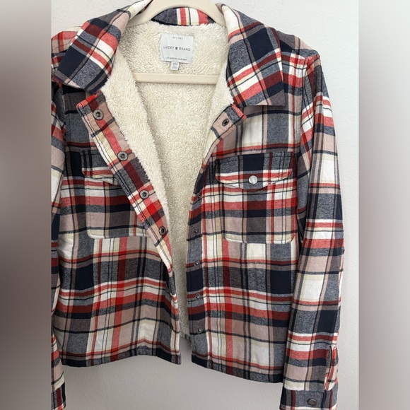 Lucky Brand Blue Orange Plaid Jacket with Cream Fleece Size M - Picture 4 of 6